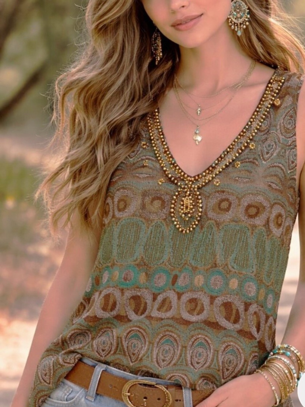 EUC Rafaella Women's Brown Sleeveless Beaded Bohemian Style Top Green Beige SzXL